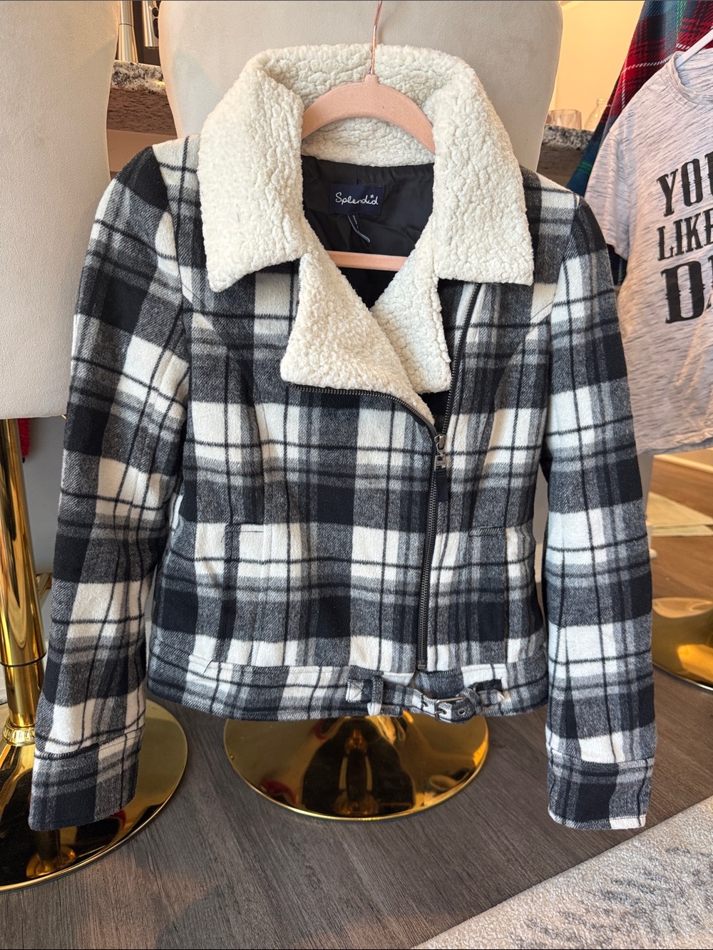 Splendid Black & White Plaid Sherpa-Trim Moto Jacket Womens XS